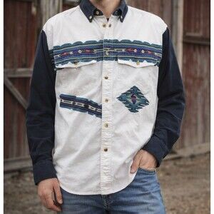 Vintage Western Frontier Rodeo Shirt Men’s L Button Up Aztec Print